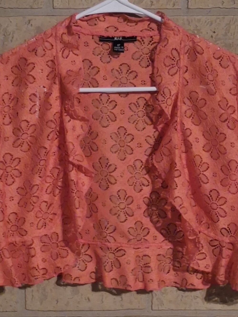 R&K Evening Womens Shrug Bolero Jacket 6P Coral Orange Floral Lace Crop Ruffle